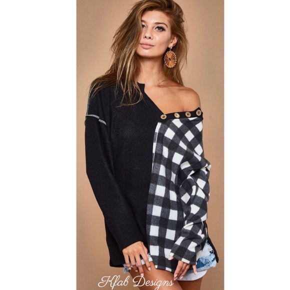 New! Sale 🔥Buffalo Plaid Soft Brushed Knit ColorBlock V Neck Button Top - Picture 8 of 14
